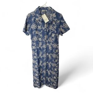 La Piccola Creativa Embroidered Floral Dress Blue Cream Size Large NWT